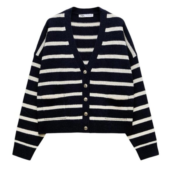 NWOT Zara Navy Striped 100% Wool Knit Cardigan with Nautical Buttons Details - Picture 1 of 10